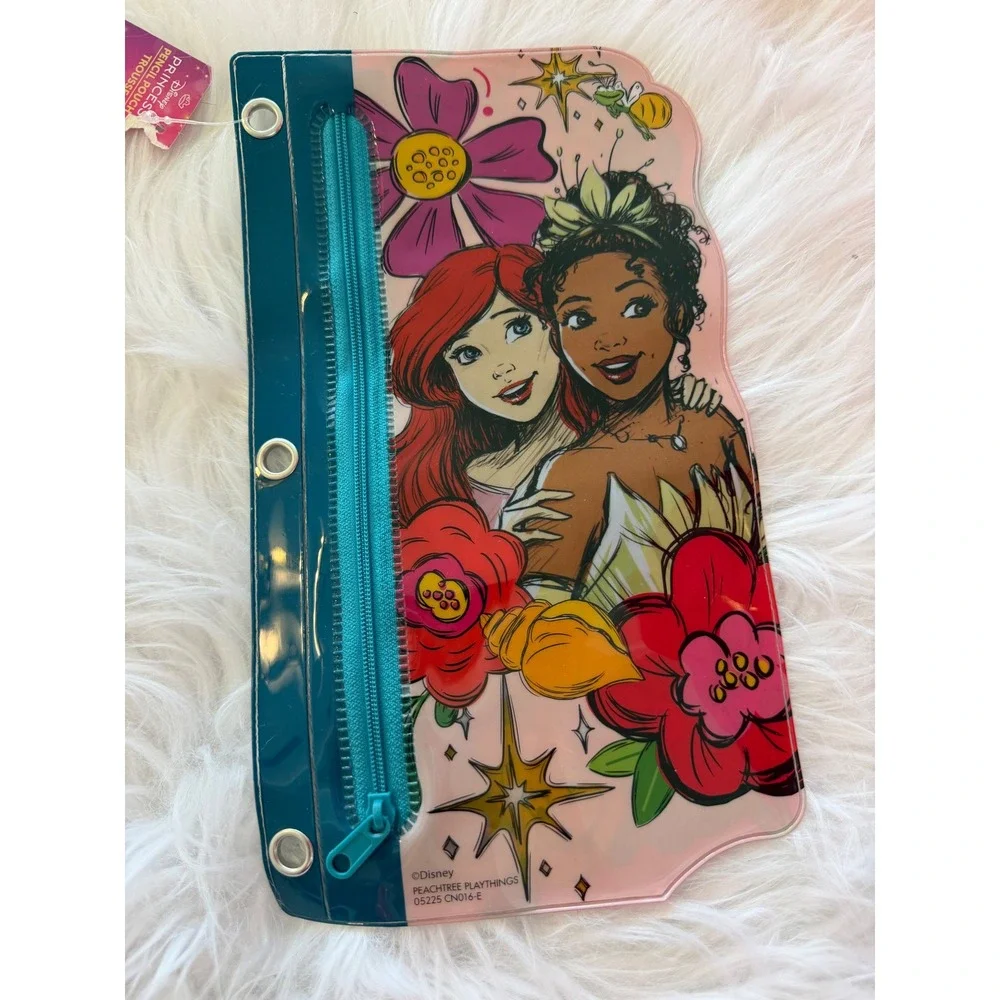 Disney Princess Pencil Pouch 3 Ring Binder Ariel Tiana Flounder Pink Teal NEW